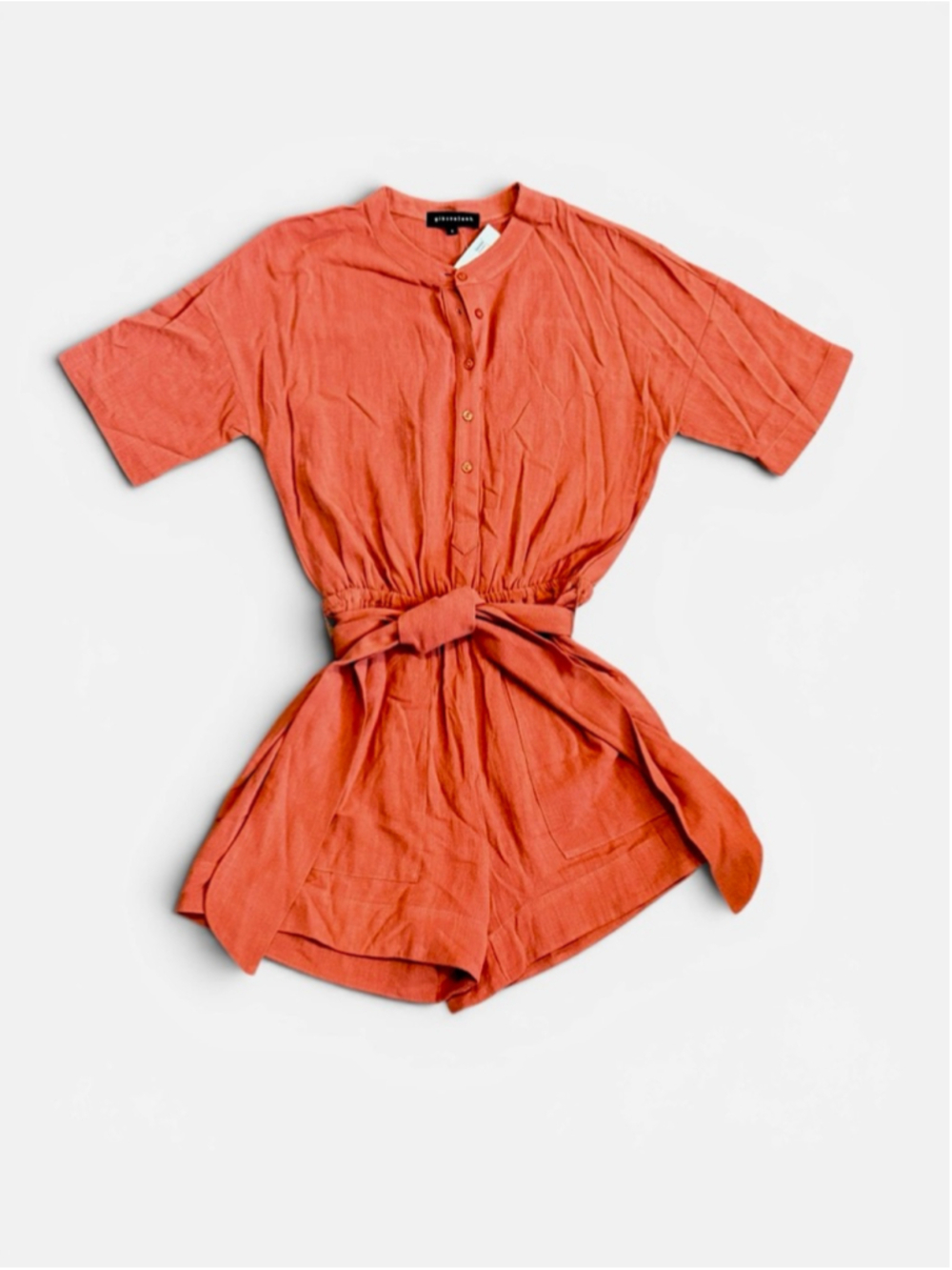 Gibsonlook Linen Blend Romper Small Brick Orange Tie Waist Short Sleeve NWT - Picture 2 of 8